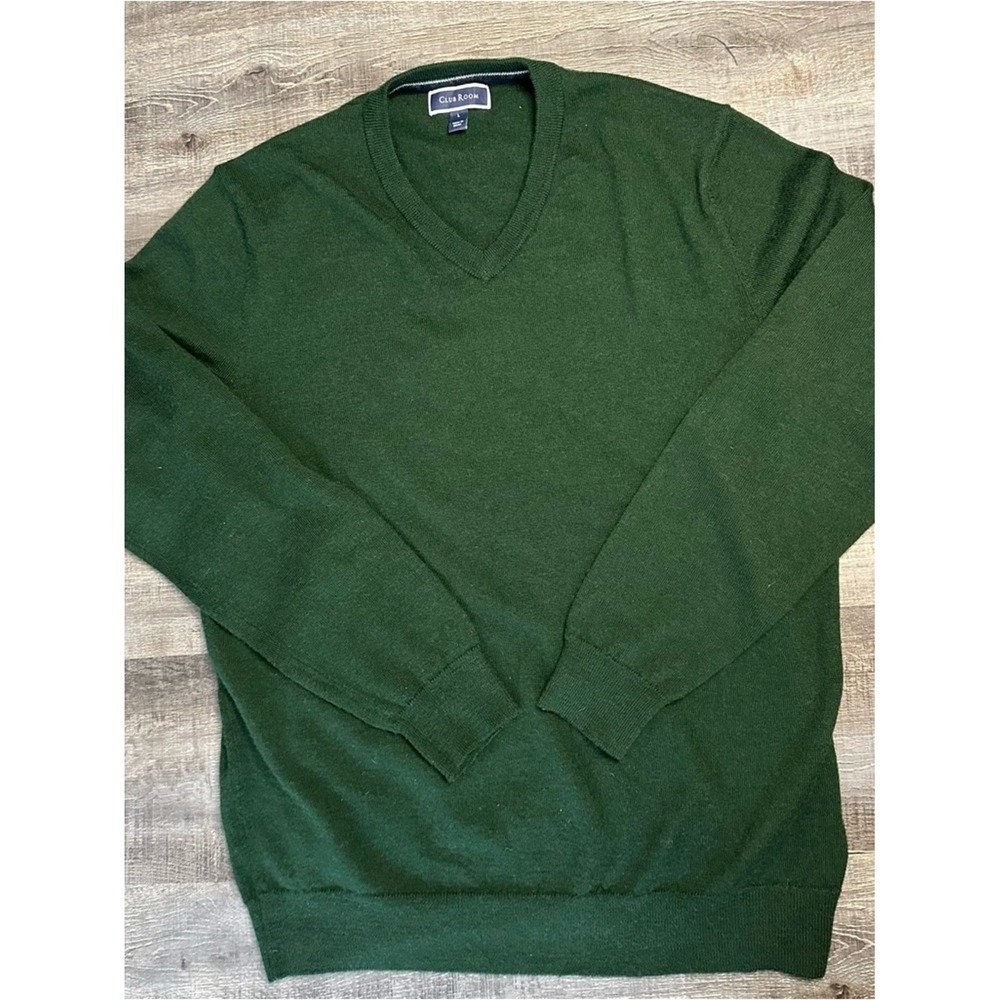 Club Room Mens Hunter Green Merino Wool Blend V-Neck Casual Sweater Size L